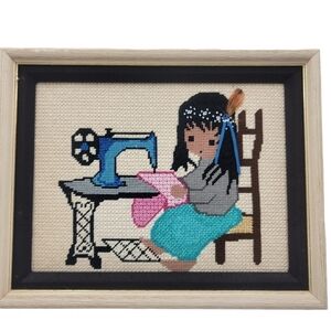 Vintage Ettore "Ted" DeGrazia Framed Needlepoint Art Native Girl Sewing